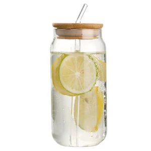 500ml glass tumbler with wooden lid and glass straw